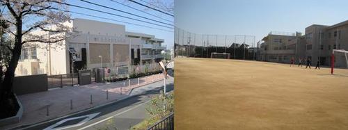 写真左：新校舎、写真右：新校庭
