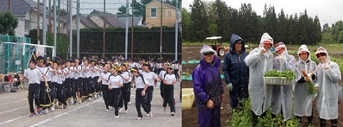 写真左：運動会（3年ムカデ競走）がんばれ、写真右：3年修学旅行（農業体験）楽しいよ