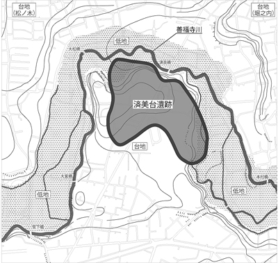 画像：昭和15年の地形図に現在の遺跡地図を重ねたもの。