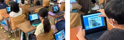 内田秀五郎に関する電子タブレットを見る児童の写真