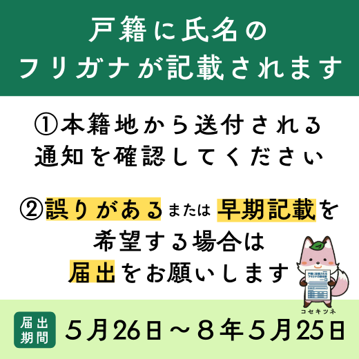 戸籍に氏名のフリガナが記載されます。本籍地から送付される通知をご確認ください。