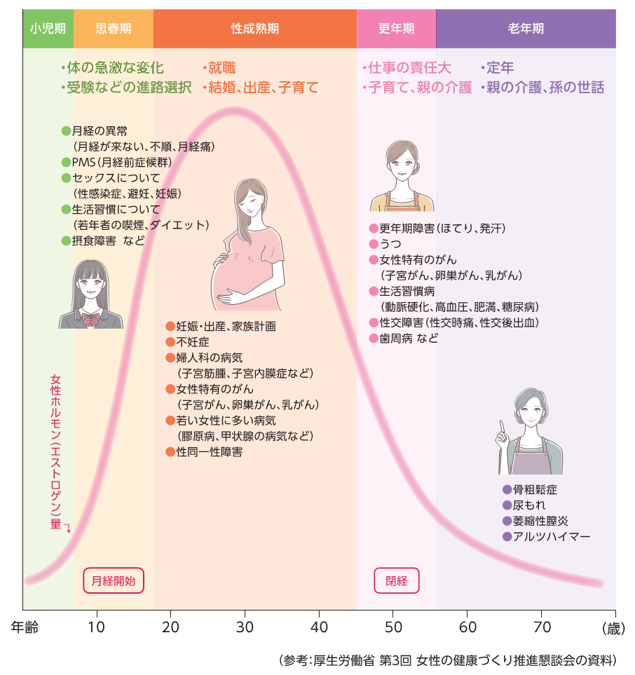 女性ホルモンとライフステージごとの心と体の変化の図説