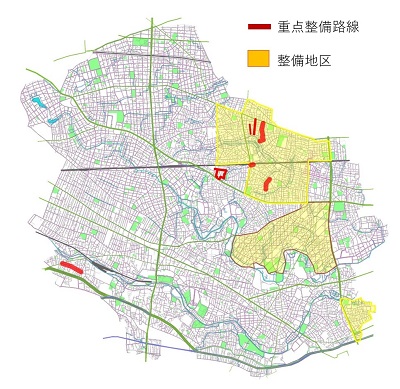 重点整備路線、整備地区の地図