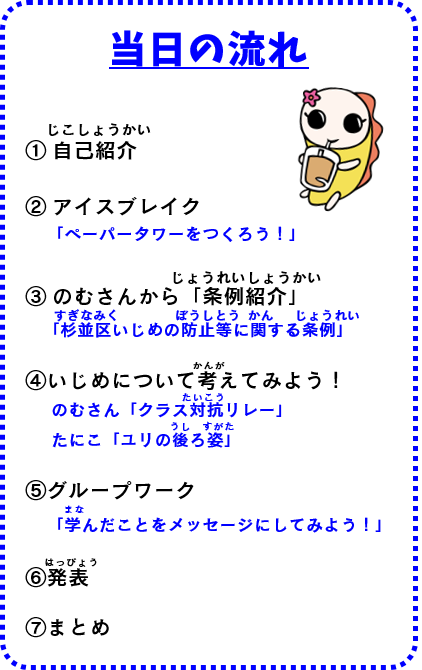 1自己紹介2アイスブレイク3のむさんから「条例紹介」4いじめについて考えてみよう！5グループワーク6発表7まとめ