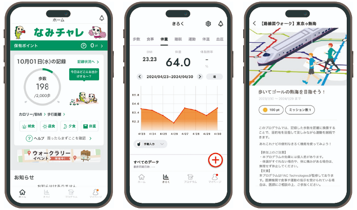 ホーム画面、体重記録画面、路線図ウオーク画面イメージ