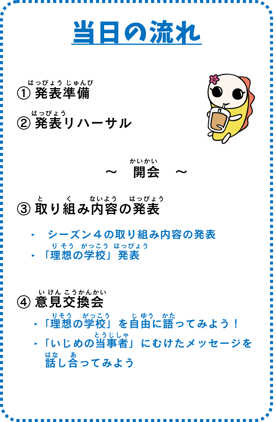 当日の流れ　1発表準備、2発表リハーサル、3取り組み内容の発表、4意見交換会