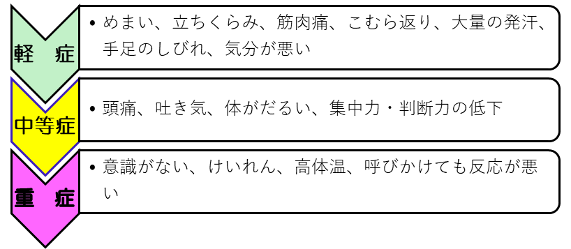 軽症：めまい、立ちくらみ、筋肉痛等。中等症：頭痛、吐き気、体がだるい等。重症：意識がない、けいれん、高体温等。