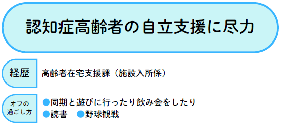 認知症高齢者の自立支援に尽力する高齢者在宅支援課の職員　同期との交流や読書や野球観戦が趣味