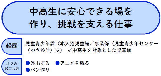 中高生に安心できる場を作り、挑戦を支える仕事　オフの過ごし方：外出、アニメを観る、パン作り