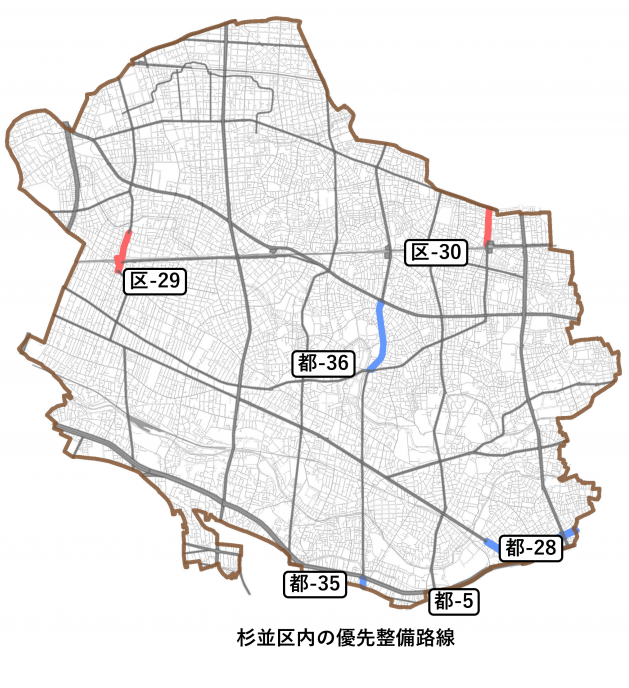 杉並区内の優先整備路線を示した地図