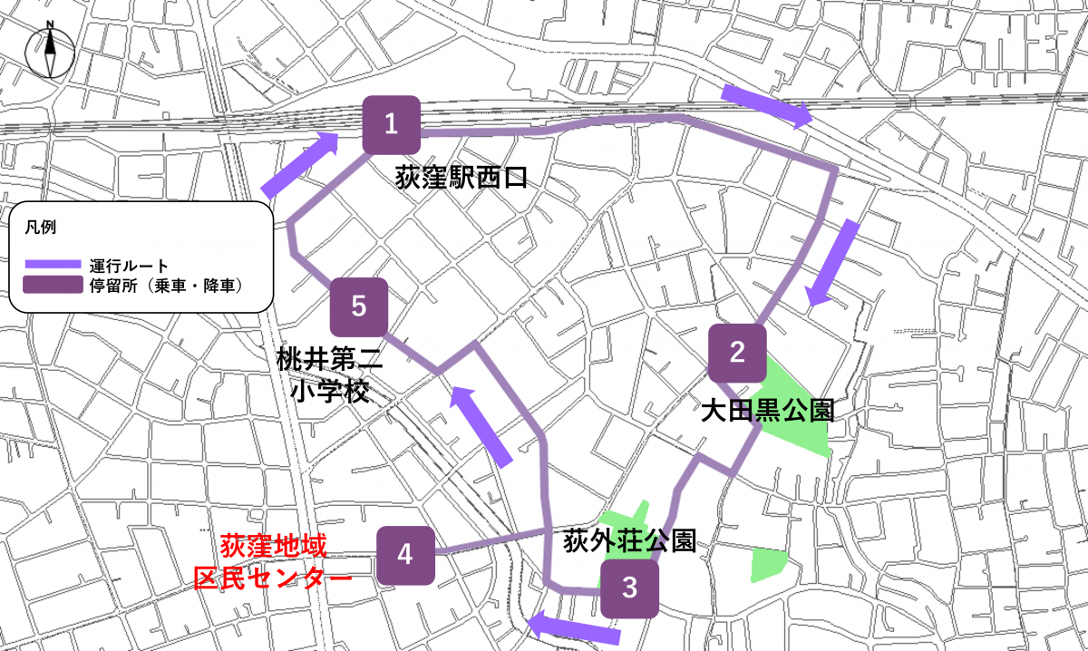 グリーンスローモビリティの路線図 1 荻窪駅西口 2 大田黒公園 3 荻外荘公園 4 荻窪地域区民センター 5 桃井第二小学校
