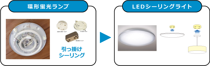 環形蛍光ランプ・引っ掛けシーリングとLEDシーリングライトの画像